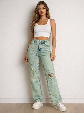 Forever 21 Melon Smoothie Green Washed Distressed Wide Legged 90s Jeans Size 25